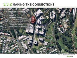 5.3.2 MAKING THE CONNECTIONS
▸ Connection outcomes
▸ Linking up
▸ Movement choices
▸ A sense of place
▸ Safe routes for all
▸ The parking problem
▸ Better traffic management
KGUV – Brisbane. Google Earth
 