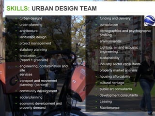 SKILLS: URBAN DESIGN TEAM
▸ funding and delivery
▸ consultation
▸ demographics and psychographic
profiling
▸ environmental
▸ Lighting, air and acoustic
engineering
▸ sustainability
▸ industry sector consultants
▸ property market analysis
▸ housing affordability
▸ cultural heritage
▸ public art consultants
▸ development consultants
▸ Leasing
▸ Maintenance
▸ (urban design)
▸ urban planning
▸ architecture
▸ landscape design
▸ project management
▸ statutory planning
▸ production
(report + graphics)
▸ engineering, contamination and
site
services
▸ transport and movement
planning (parking)
▸ community development
▸ social planning
▸ economic development and
property demand North Tce – Adelaide, SA, AUS
 