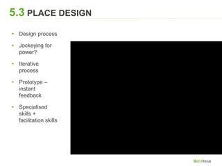 5.3 PLACE DESIGN
▸ Design process
▸ Jockeying for
power?
▸ Iterative
process
▸ Prototype –
instant
feedback
▸ Specialised
skills +
facilitation skills
 