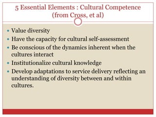 5 Essential Elements : Cultural Competence (from Cross, et al),[object Object],Value diversity,[object Object],Have the capacity for cultural self-assessment,[object Object],Be conscious of the dynamics inherent when the cultures interact,[object Object],Institutionalize cultural knowledge,[object Object],Develop adaptations to service delivery reflecting an understanding of diversity between and within cultures.,[object Object]
