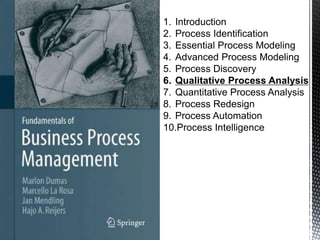 1. Introduction
2. Process Identification
3. Essential Process Modeling
4. Advanced Process Modeling
5. Process Discovery
6. Qualitative Process Analysis
7. Quantitative Process Analysis
8. Process Redesign
9. Process Automation
10.Process Intelligence
 