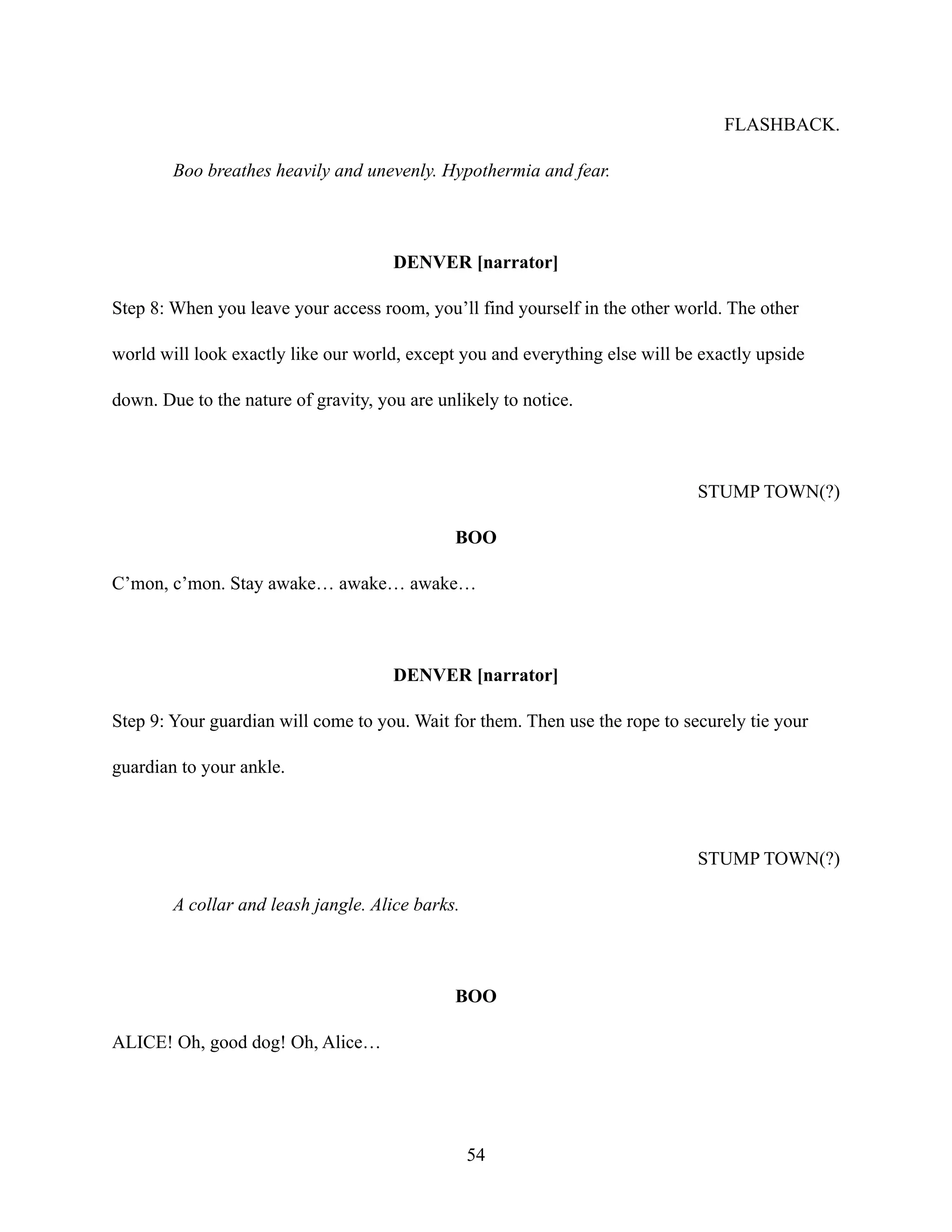FLASHBACK.
Boo breathes heavily and unevenly. Hypothermia and fear.
DENVER [narrator]
Step 8: When you leave your access room, you’ll find yourself in the other world. The other
world will look exactly like our world, except you and everything else will be exactly upside
down. Due to the nature of gravity, you are unlikely to notice.
STUMP TOWN(?)
BOO
C’mon, c’mon. Stay awake… awake… awake…
DENVER [narrator]
Step 9: Your guardian will come to you. Wait for them. Then use the rope to securely tie your
guardian to your ankle.
STUMP TOWN(?)
A collar and leash jangle. Alice barks.
BOO
ALICE! Oh, good dog! Oh, Alice…
54
 