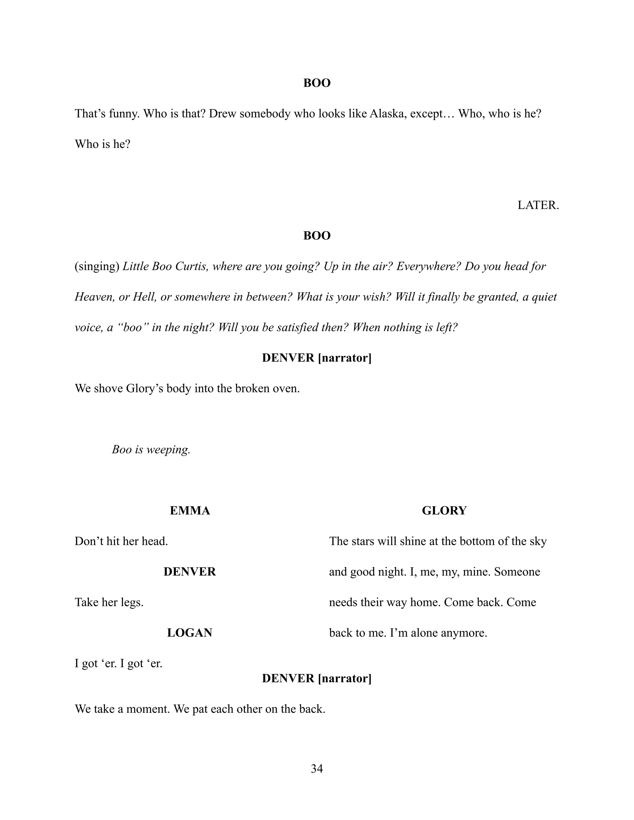 BOO
That’s funny. Who is that? Drew somebody who looks like Alaska, except… Who, who is he?
Who is he?
LATER.
BOO
(singing) Little Boo Curtis, where are you going? Up in the air? Everywhere? Do you head for
Heaven, or Hell, or somewhere in between? What is your wish? Will it finally be granted, a quiet
voice, a “boo” in the night? Will you be satisfied then? When nothing is left?
DENVER [narrator]
We shove Glory’s body into the broken oven.
Boo is weeping.
EMMA
Don’t hit her head.
DENVER
Take her legs.
LOGAN
I got ‘er. I got ‘er.
GLORY
The stars will shine at the bottom of the sky
and good night. I, me, my, mine. Someone
needs their way home. Come back. Come
back to me. I’m alone anymore.
DENVER [narrator]
We take a moment. We pat each other on the back.
34
 