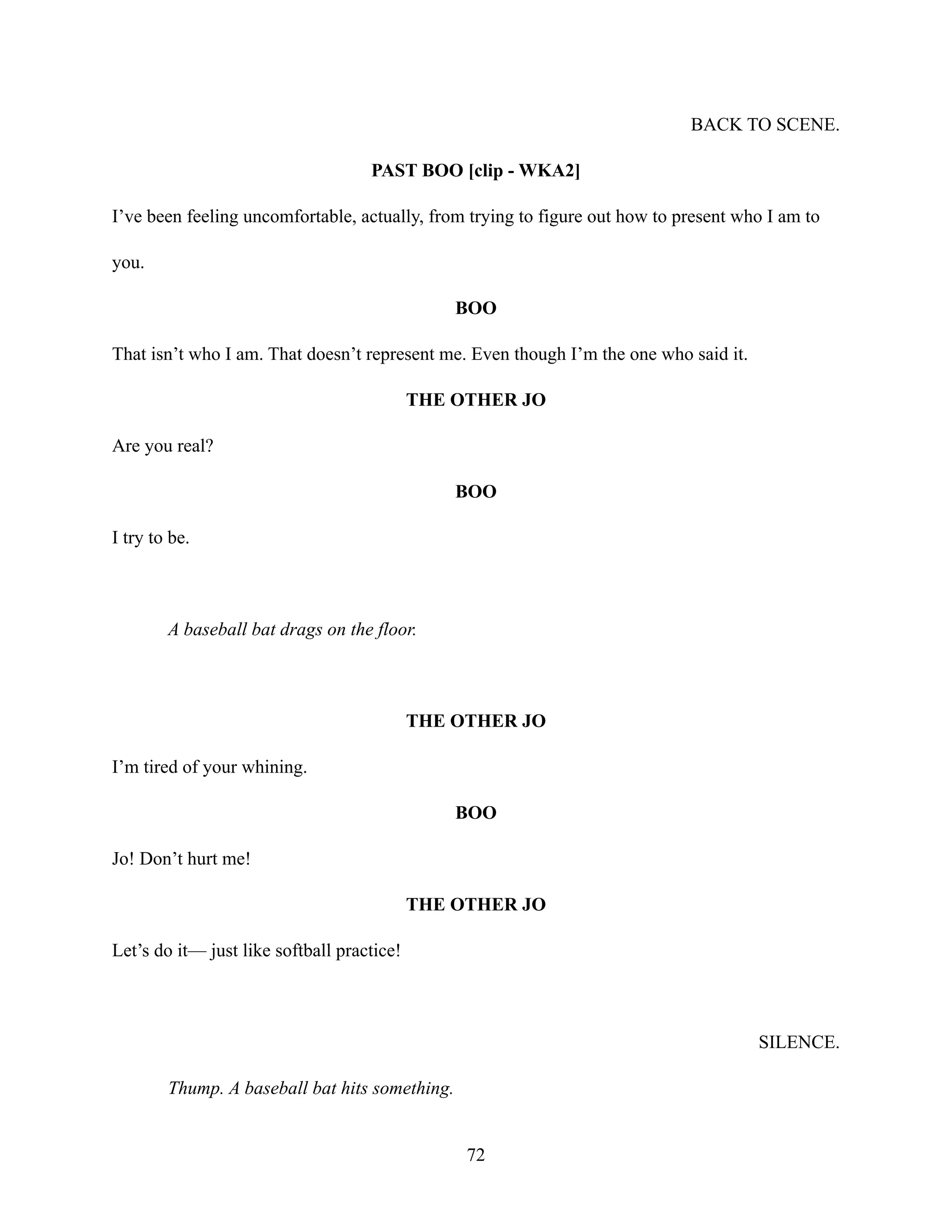 BACK TO SCENE.
PAST BOO [clip - WKA2]
I’ve been feeling uncomfortable, actually, from trying to figure out how to present who I am to
you.
BOO
That isn’t who I am. That doesn’t represent me. Even though I’m the one who said it.
THE OTHER JO
Are you real?
BOO
I try to be.
A baseball bat drags on the floor.
THE OTHER JO
I’m tired of your whining.
BOO
Jo! Don’t hurt me!
THE OTHER JO
Let’s do it— just like softball practice!
SILENCE.
Thump. A baseball bat hits something.
72
 
