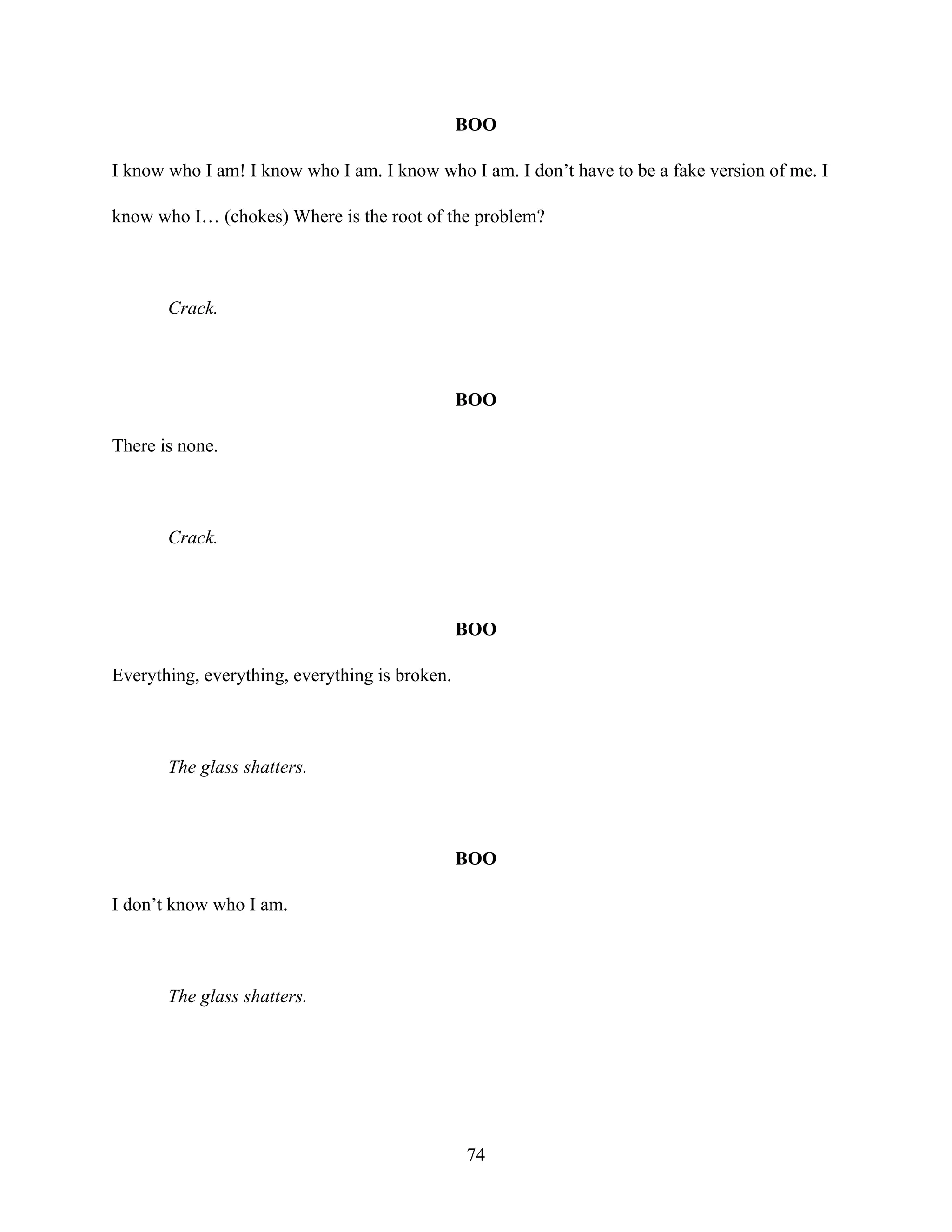 BOO
I know who I am! I know who I am. I know who I am. I don’t have to be a fake version of me. I
know who I… (chokes) Where is the root of the problem?
Crack.
BOO
There is none.
Crack.
BOO
Everything, everything, everything is broken.
The glass shatters.
BOO
I don’t know who I am.
The glass shatters.
74
 