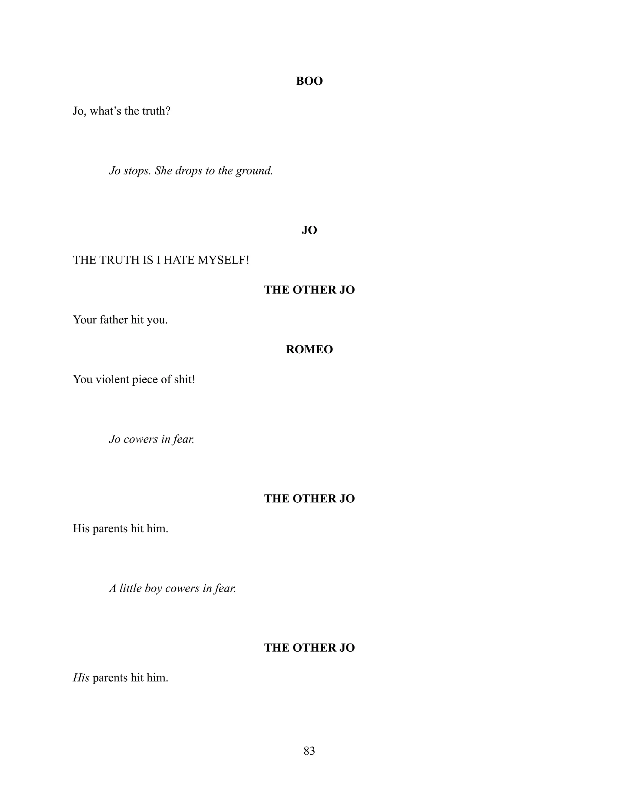 BOO
Jo, what’s the truth?
Jo stops. She drops to the ground.
JO
THE TRUTH IS I HATE MYSELF!
THE OTHER JO
Your father hit you.
ROMEO
You violent piece of shit!
Jo cowers in fear.
THE OTHER JO
His parents hit him.
A little boy cowers in fear.
THE OTHER JO
His parents hit him.
83
 