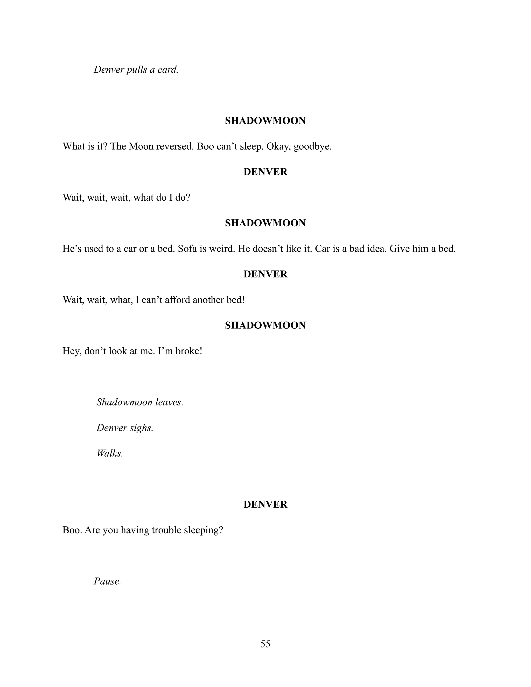 Denver pulls a card.
SHADOWMOON
What is it? The Moon reversed. Boo can’t sleep. Okay, goodbye.
DENVER
Wait, wait, wait, what do I do?
SHADOWMOON
He’s used to a car or a bed. Sofa is weird. He doesn’t like it. Car is a bad idea. Give him a bed.
DENVER
Wait, wait, what, I can’t afford another bed!
SHADOWMOON
Hey, don’t look at me. I’m broke!
Shadowmoon leaves.
Denver sighs.
Walks.
DENVER
Boo. Are you having trouble sleeping?
Pause.
55
 
