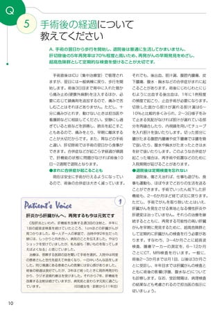 10
5 手術後の経過について
教えてください
Q
A．手術の翌日から歩行を開始し、退院後は普通に生活してかまいません。
肝切除後の5年再発率は70％程度と高いため、再発がんの早期発見をめざし、
超高危険群として定期的な検査を受けることが大切です。
それでも、後出血、胆汁漏、腹腔内膿瘍、皮
下膿瘍、腹水・胸水などの合併症がまれに起
こることがあります。術後にじわじわとにじ
むように出血する後出血は、1年に1例程度
の頻度で起こり、止血手術が必要になります。
切除した面から胆汁が漏れる胆汁漏は6～
10％と比較的多くみられ、2～3日様子をみ
て止まる気配がなければ胆汁が漏れている部
分を再縫合したり、内視鏡を用いてチューブ
を入れ胆汁を抜いたりします。切った部分に
膿がたまる腹腔内膿瘍や皮下膿瘍では膿を管
で抜いたり、腹水や胸水がたまったときは水
を針で抜いたりします。このような合併症が
起こった場合は、再手術や処置などのために
入院期間が延びることがあります。
●退院後は定期検査を忘れない
　退院後、傷さえ治れば、仕事も遊びも、食
事も運動も、ほぼ今までどおりの生活を送る
ことができます。手術でいったん低下した肝
機能も、2～6か月ほど経てば元に戻ります。
ただし、手術でがんを取り除いたとはいえ、
肝臓がんを発生させる素地となる慢性肝炎や
肝硬変は治っていません。それらの治療を継
続するとともに、再発する可能性の高い肝臓
がんを早期に発見するために、超高危険群と
して定期的に肝臓がんの検査を行う必要があ
ります。すなわち、3～4か月ごとに超音波
検査、腫瘍マーカーの測定を、6～12か月
ごとにCT、MRI検査を行います。一般に、
術後2～3か月までは月1回、以後は3か月ご
とに受診し、半年目までは肝臓がんの検査と
ともに術後の影響(浮腫、腹水など)について
も診察します。なお、受診間隔は、病理検査
の結果なども考慮されるので担当医の指示に
従いましょう。
　手術直後はICU（集中治療室）で管理され
ますが、翌日には一般病棟に戻り、歩行を開
始します。術後3日目まで背中に入れた管か
ら痛み止め(硬膜外麻酔)を注入するほか、必
要に応じて鎮痛剤を追加するので、痛みで苦
しむことはそれほどありません。ただし、十
分に痛みがとれず、動けないときは担当医や
看護師などに相談してください。安静にし過
ぎていると痰などを誤嚥し、肺炎を起こすこ
ともあるので、痛みをとり、早期に離床する
ことが大切だからです。また、胃などの手術
と違い、肝切除術では手術の翌日から食事が
できます。合併症などが起こらず経過が順調
で、肝機能の状態に問題がなければ術後10
日～2週間で退院となります。
●まれに合併症が起こることも
　現在は安全に手術が行えるようになってい
るので、術後の合併症は大きく減っています。
Patient's Voice 1
　C型肝炎といわれ、肝機能を改善する週3回の注射と、半年に
1回の超音波検査を続けていたところ、1cmほどの肝臓がんが
見つかりました。母一人子一人の家庭で、当時中学2年生だった
娘には、しっかりと向き合い、病気のことを伝えました。やはり
ショックを受けていましたが、私も娘も「悪いものを取ってしま
えばよくなる」と信じていました。
　治療は、信頼する医師の話を聞いて手術を選択。入院中は同室
の患者さんと世代を超えて仲良くなり、一日中いろんな話をしま
した。同じ境遇にある患者さんの言葉には安心感がありました。
術後の経過は良好でしたが、3年ほど経ったときに局所再発がわ
かり、ラジオ波焼灼療法を受けました。それから7年、肝機能を
改善する注射は続けていますが、病気前と変わらず元気に過ごし
ています。　　　　　　　　　　（69歳女性・診断から11年目）
肝炎から肝臓がんへ。再発するも今は元気です
 