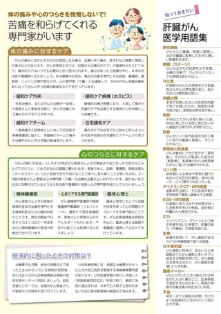 悪性腫瘍
がん化した腫瘍。 無限に増殖し、
ほかの臓器に転移して生命に著し
い影響を及ぼす。
病期（ステージ）
がんの広がりの程度を示す言葉。
治療の効果で、がんが小さくなっ
ても病期は変わらない。
分化度
肝細胞のがん化の程度を示す言葉。
高分化がんは悪性度が低く、低分
化がんは悪性度が高い。
肉眼分類
手術で切除したがんの形態を肉眼
で見て分類したもの。結節型は悪
性度が低く、浸潤型は悪性度が高い。
再発
手術などでがんを取り除いた後、
体内に残っている目に見えないが
ん細胞から再びがんが現れること。
転移
がんがリンパ液や血液の流れに乗
ってほかの臓器に移動し、そこで
広がること。
原発巣と転移巣
がんが最初にできた部分が「原発
巣」。そのがんが転移した部分が
「転移巣」。転移巣のがんは原発巣
のがんに準じた治療が行われる。
リンパ節
病原菌による感染や異物と闘うた
めの小さな豆状の器官。体中にあ
って、リンパ管でつながっている。
ダイナミックCT・MRI検査
造影剤を注射し、その血流の変化
を時間差で撮影し画像化する検査。
EOB－MRI検査
肝細胞に取り込まれる性質を持っ
た造影剤を用いた検査。超早期の
肝臓がんも発見できる。
ICG
インドシアニン・グリーンという緑
の色素を用いた検査で、肝臓の能
力（予備能）の程度を調べる。
生検
組織を採取して、がん細胞がある
かどうかを顕微鏡で調べる検査。
分子標的薬
がん細胞に特有の、あるいは正常
細胞よりもがん細胞に多い分子に
結合する物質を用いて、がん細胞
の分裂を止めたり、がん細胞を破
壊したりする薬。
腫瘍マーカー
がんにかかったときに検出される特
定のたんぱく質のこと。血液検査
で測定するものが多い。再発の有
無や治療効果の判定などに利用。
予後
病状（または病気の状態）がどの
ような経過をたどるのかという見込
みや予測。
経済的に困ったときの対策は？
　治療費や生活費、就労の問題などで困
ったときはかかっている病院の相談室、
または近くのがん診療連携拠点病院の相
談支援センターに相談しましょう。相談
支援センターでは、地域のがん患者さん
や家族からの相談も受け付けています。
　公的医療保険には、高額な治療費がかかっ
たときの自己負担を軽減する高額療養費制度
があります。公的医療保険の窓口に申請して
「限度額適用認定証」を受け取り、事前に病
院に提出すれば、外来でも入院でも窓口の支
払いが自己負担限度額の範囲内で済みます。
肝臓がん
医学用語集
知っておきたい
体の痛みや心のつらさを我慢しないで！
苦痛を和らげてくれる
専門家がいます
体の痛みに対するケア
・緩和ケア外来
　がんの痛みにはがんそのものが原因となる痛み、治療に伴う痛み、床ずれなど療養に関連し
た痛みなどがあります。がん対策基本法では「初期からの痛みのケア」の重要性が示されてお
り、痛みのケアはいつでも必要なときに受けられます。痛みがあったら我慢せずに、まずは担
当医や看護師に伝えましょう。在宅療養中も含め、痛みの治療を専門とする医師、看護師、薬
剤師、リハビリの専門家などが、心の専門家（下欄）とも連携して、WHOのがん疼痛治療指
針に沿ってがんに伴う苦痛を軽減するケアを行っています。
　外来治療中、またはがんの治療が一段落し
た患者さんと家族を対象に、がんや治療に伴
う痛みのケアを行う外来です。
・緩和ケア病棟（ホスピス）
　積極的治療が困難になり、入院して痛みや
苦痛のケアを必要とする患者さんを対象にし
た病棟です。
心のつらさに対するケア
　「がんの疑いがある」といわれた時点から患者さんとその家族は不安になったり怒りがこみ
上げてきたりと、さまざまな心の葛藤に襲われます。家族や友人、医師、看護師、相談支援セ
ンターのスタッフにつらい気持ちを打ち明けることで徐々に落ち着くことが多いものの、2～
3割の患者さんと家族は心の専門家（下欄）の治療が必要だといわれています。眠れないなど
生活に支障が出ているようなら担当医や看護師に相談し心の専門家を紹介してもらいましょう。
・臨床心理士
　臨床心理学にもとづく知識
や技術を使って心の問題にア
プローチする専門家のことで
す。がん診療連携拠点病院を
中心に、臨床心理士は医師や
看護師と連携して心のケアを
行っています。
・精神腫瘍医
　がん患者さんとその家族の
精神的症状の治療を専門とす
る精神科医または心療内科医
のことです。厚生労働省や日
本サイコオンコロジー学会を
中心に精神腫瘍医の育成や研
修が行われています。
・心をケアする専門看護師
　がん看護専門看護師や精神
看護専門看護師（リエゾンナ
ース）、緩和ケア認定看護師
が、患者さんと家族の心のケ
アとサポートも行います。不
安や心配ごとは我慢せずに伝
えましょう。
・緩和ケアチーム
　一般病棟の入院患者さんに対して担当医や
病棟看護師と協力し、多職種のチームで痛み
の治療やがんに伴う苦痛の軽減を行います。
・在宅緩和ケア
　痛みのケアは自宅でも入院中と同じように
在宅医や地域の在宅緩和ケアチームから受け
られます。
 