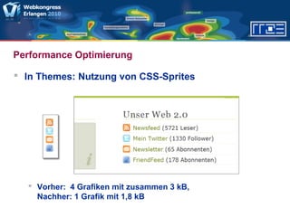 Performance Optimierung
 In Themes: Nutzung von CSS-Sprites
 Vorher: 4 Grafiken mit zusammen 3 kB,
Nachher: 1 Grafik mit 1,8 kB
 