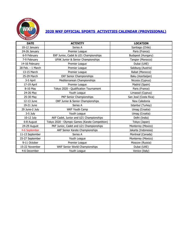 Wkf 2020 sports calendar provisional