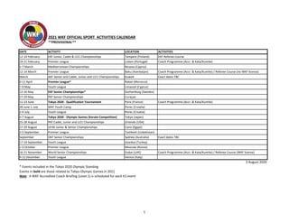 2021 WKF OFFICIAL SPORT ACTIVITIES CALENDAR
**PROVISIONAL**
DATE ACTIVITY LOCATION ACTIVITIES
12-14 February EKF Junior, Cadet & U21 Championships Tampere (Finland) EKF Referee Course
19-21 February Premier League Lisbon (Portugal) Coach Programme (Accr. & Kata/Kumite)
5-7 March Mediterranean Championships Nicosia (Cyprus)
12-14 March Premier League Baku (Azerbaijan) Coach Programme (Accr. & Kata/Kumite) / Referee Course (no WKF license)
March AKF Senior and Cadet, Junior and U21 Championships Kuwait Exact dates TBC
9-11 April Premier League* Rabat (Morocco)
7-9 May Youth League Limassol (Cyprus)
12-16 May EKF Senior Championships* Gothenburg (Sweden)
27-29 May PKF Senior Championships Curaçao
11-13 June Tokyo 2020 - Qualification Tournament Paris (France) Coach Programme (Accr. & Kata/Kumite)
28 June-1 July WKF Youth Camp Porec (Croatia)
2-4 July Youth League Porec (Croatia)
5-7 August Tokyo 2020 - Olympic Games (Karate Competition) Tokyo (Japan)
25-28 August PKF Cadet, Junior and U21 Championships Orlando (USA)
27-29 August UFAK Junior & Senior Championships Cairo (Egypt)
3-5 September Premier League Tashkent (Uzbekistan)
September OKF Senior Championships Sydney (Australia) Exact dates TBC
17-19 September Youth League Istanbul (Turkey)
1-3 October Premier League Moscow (Russia)
16-21 November World Senior Championships Dubai (UAE) Coach Programme (Accr. & Kata/Kumite) / Referee Course (WKF license)
9-12 December Youth League Venice (Italy)
3 August 2020
* Events included in the Tokyo 2020 Olympic Standing
Events in bold are those related to Tokyo Olympic Games in 2021
Note : A WKF Accredited Coach Briefing (Level 1) is scheduled for each K1 event
1
 