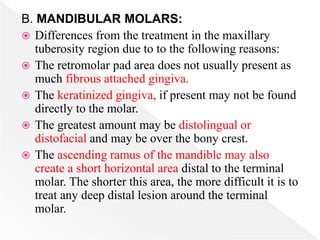 B. MANDIBULAR MOLARS:
 Differences from the treatment in the maxillary
tuberosity region due to to the following reasons:
 The retromolar pad area does not usually present as
much fibrous attached gingiva.
 The keratinized gingiva, if present may not be found
directly to the molar.
 The greatest amount may be distolingual or
distofacial and may be over the bony crest.
 The ascending ramus of the mandible may also
create a short horizontal area distal to the terminal
molar. The shorter this area, the more difficult it is to
treat any deep distal lesion around the terminal
molar.
 