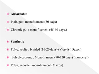  Absorbable
 Plain gut : monofilament (30 days)
 Chromic gut : monofilament (45-60 days.)
 Synthetic
 Polyglycolic : braided (16-20 days) (Vicryl) ( Dexon)
 Polyglecaprone : Monofilament (90-120 days) (monocryl)
 Polyglyconate : monofilament (Maxon)
 