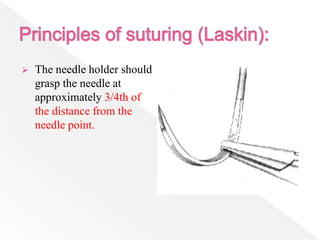  The needle holder should
grasp the needle at
approximately 3/4th of
the distance from the
needle point.
 