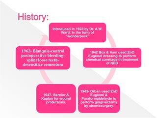 Introduced in 1923 by Dr. A.W.
Ward. In the form of
“wonderpack”
1942 Box & Ham used ZnO
Eugenol dressing to perform
chemical curettage in treatment
of NUG
1943- Orban used ZnO
Eugenol &
Paraformaldehyde to
perform gingivectomy
by chemosurgery.
1947- Bernier &
Kaplan for wound
protections.
1962- Blanquie-control
postoperative bleeding-
splint loose teeth-
desensitize cementum
 