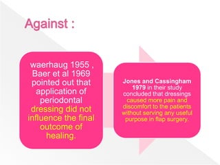 waerhaug 1955 ,
Baer et al 1969
pointed out that
application of
periodontal
dressing did not
influence the final
outcome of
healing.
Jones and Cassingham
1979 in their study
concluded that dressings
caused more pain and
discomfort to the patients
without serving any useful
purpose in flap surgery.
 