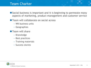 Team Charter Social business is important and it is beginning to permeate many aspects of marketing, product management and customer service Team will collaborate on social across WK business units Geographies Team will share Knowledge Best practices Training materials Success stories 