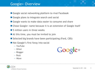 Google+ Overview Google social networking platform to rival Facebook Google plans to integrate search and social Google wants to make data easier to consume and share Chose Google+ name because it is an extension of Google itself 5 million users in three weeks At this time, you must be invited to join Selected big brands have been participating (Ford, CBS) Not Google’s first foray into social YouTube Orkut Blogger Buzz Wave 