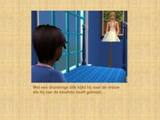 Met een dromerige blik kijkt hij naar de vrouw die hij van de klasfoto heeft geknipt…