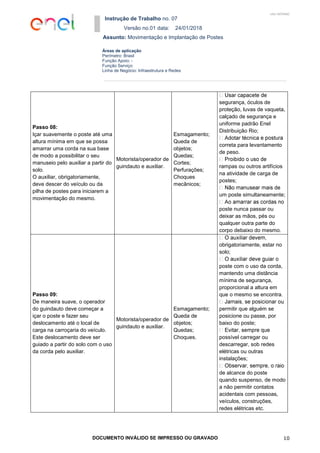 Instrução de Trabalho no. 07
Versão no.01 data: 24/01/2018
Assunto: Movimentação e Implantação de Postes
DOCUMENTO INVÁLIDO SE IMPRESSO OU GRAVADO 10
Áreas de aplicação
Perímetro: Brasil
Função Apoio: -
Função Serviço:
Linha de Negócio: Infraestrutura e Redes
USO INTERNO
Passo 08:
Içar suavemente o poste até uma
altura mínima em que se possa
amarrar uma corda na sua base
de modo a possibilitar o seu
manuseio pelo auxiliar a partir do
solo.
O auxiliar, obrigatoriamente,
deve descer do veículo ou da
pilha de postes para iniciarem a
movimentação do mesmo.
Motorista/operador de
guindauto e auxiliar.
Esmagamento;
Queda de
objetos;
Quedas;
Cortes;
Perfurações;
Choques
mecânicos;
segurança, óculos de
proteção, luvas de vaqueta,
calçado de segurança e
uniforme padrão Enel
Distribuição Rio;
correta para levantamento
de peso.
rampas ou outros artifícios
na atividade de carga de
postes;
um poste simultaneamente;
poste nunca passar ou
deixar as mãos, pés ou
qualquer outra parte do
corpo debaixo do mesmo.
Passo 09:
De maneira suave, o operador
do guindauto deve começar a
içar o poste e fazer seu
deslocamento até o local de
carga na carroçaria do veículo.
Este deslocamento deve ser
guiado a partir do solo com o uso
da corda pelo auxiliar.
Motorista/operador de
guindauto e auxiliar.
Esmagamento;
Queda de
objetos;
Quedas;
Choques.
obrigatoriamente, estar no
solo;
poste com o uso da corda,
mantendo uma distância
mínima de segurança,
proporcional a altura em
que o mesmo se encontra.
permitir que alguém se
posicione ou passe, por
baixo do poste;
possível carregar ou
descarregar, sob redes
elétricas ou outras
instalações;
de alcance do poste
quando suspenso, de modo
a não permitir contatos
acidentais com pessoas,
veículos, construções,
redes elétricas etc.
 