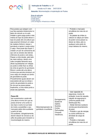 Instrução de Trabalho no. 07
Versão no.01 data: 24/01/2018
Assunto: Movimentação e Implantação de Postes
DOCUMENTO INVÁLIDO SE IMPRESSO OU GRAVADO 14
Áreas de aplicação
Perímetro: Brasil
Função Apoio: -
Função Serviço:
Linha de Negócio: Infraestrutura e Redes
USO INTERNO
Para postes que estejam com
sua face apoiada diretamente no
lastro do veículo ou no solo,
Instalar a garra pega poste a três
metros do topo do poste elevar o
topo do poste até uma altura que
seja possível introduzir um calço
de madeira (5x5cm), baixar o
guindauto e apoiar o poste sobre
o calço. Para poste tipo Duplo T,
instalar um par de cantoneiras de
aço sob as arestas das laterais
inferiores do poste e sob estas.,
Passar a cinta tubular, pelo lado
de maior esforço, dando uma
volta completa deixando seus
olhais equidistantes em relação
ao poste e então fixar os olhais
da cinta ao gancho do guindauto.
Elevar o poste até uma altura
mínima que permita introduzir um
novo calço em direção ao centro
de gravidade do poste.
Procedimentos iguais devem ser
executados até que se atinja o
centro de gravidade do poste a
fim de que se possa passar,
finalmente, a cinta neste ponto e
iniciar seu içamento.
simultâneo de mais de um
poste;
colocar os calços por baixo
do poste nunca passar ou
deixar as mãos, pés ou
qualquer outra parte do
corpo debaixo do mesmo.
Passo 08:
Içar suavemente o poste até
uma altura mínima em que se
possa amarrar uma corda no
seu topo e outra na sua base
de modo a possibilitar o seu
manuseio pelos dois auxiliares
a partir do solo.
Os auxiliares, obrigatoriamente,
devem descer do veículo ou da
pilha de postes para iniciarem a
movimentação do mesmo.
Motorista/operador de
guindauto e auxiliares.
Esmagamento;
Queda de
objetos;
Quedas;
Cortes;
Perfurações;
Choques
mecânicos;
segurança, óculos de
proteção, luvas de vaqueta,
calçado de segurança e
uniforme padrão Enel
Distribuição Rio;
correta para levantamento
de peso.
ou outros artifícios na
atividade de carga de
postes;
simultâneo de mais de um
poste;
 
