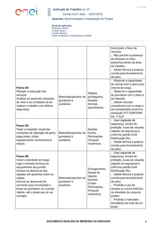 Instrução de Trabalho no. 07
Versão no.01 data: 24/01/2018
Assunto: Movimentação e Implantação de Postes
DOCUMENTO INVÁLIDO SE IMPRESSO OU GRAVADO 8
Áreas de aplicação
Perímetro: Brasil
Função Apoio: -
Função Serviço:
Linha de Negócio: Infraestrutura e Redes
USO INTERNO
frente para o fluxo de
veículos;
Não permitir a presença
de pessoas ou bens
estranhos dentro da área
de trabalho;
Adotar técnica e postura
correta para levantamento
de peso.
Passo 04:
Planejar a execução dos
serviços.
Analisar as possíveis situações
de risco e as condições de se
realizar o trabalho com efetiva
segurança.
Motorista/operador de
guindauto e
auxiliares.
Objetos
pontiagudos;
Quedas;
Animais
peçonhentos.
bservar a capacidade
do veículo com o peso e/ou
volume da carga
bservar a capacidade
do guindauto com o peso a
ser elevado.
Utilizar veículos
compatíveis com a carga a
ser transportada conforme
resolução 577 CONTRAN
Art. 1º § 2º.
Passo 05:
Fazer a inspeção visual das
condições de utilização da garra
pega poste, cintas,
equipamentos, ferramentas e
viatura.
Motorista/operador de
guindauto e
auxiliares.
Quedas
Cortes;
Perfurações;
Choques
mecânicos.
segurança, óculos de
proteção, luvas de vaqueta,
calçado de segurança e
uniforme padrão Enel
Distribuição Rio;
correta para levantamento
de peso.
Passo 06:
Iniciar a atividade de carga;
Ligar a tomada de força do
equipamento de guindar;
Acionar as alavancas das
sapatas até apoiá-las sobre os
calços;
Acionar as alavancas de
comando para movimentar o
braço do guindauto, ou a ponte
rolante, até o poste que se vai
carregar.
Motorista/operador de
guindauto e
auxiliares.
Esmagamento;
Queda de
objetos;
Quedas;
Cortes;
Perfurações;
Choques
mecânicos.
segurança, óculos de
proteção, luvas de vaqueta,
calçado de segurança e
uniforme padrão Enel
Distribuição Rio;
correta para levantamento
de peso.
rampas ou outros artifícios
na atividade de carga de
postes;
simultâneo de mais de um
poste;
 