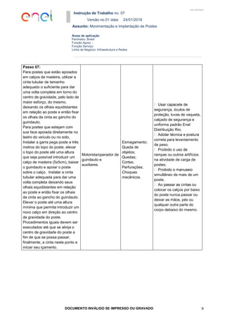 Instrução de Trabalho no. 07
Versão no.01 data: 24/01/2018
Assunto: Movimentação e Implantação de Postes
DOCUMENTO INVÁLIDO SE IMPRESSO OU GRAVADO 9
Áreas de aplicação
Perímetro: Brasil
Função Apoio: -
Função Serviço:
Linha de Negócio: Infraestrutura e Redes
USO INTERNO
Passo 07:
Para postes que estão apoiados
em calços de madeira, utilizar a
cinta tubular de tamanho
adequado o suficiente para dar
uma volta completa em torno do
centro de gravidade, pelo lado de
maior esforço, do mesmo,
deixando os olhais equidistantes
em relação ao poste e então fixar
os olhais da cinta ao gancho do
guindauto;
Para postes que estejam com
sua face apoiada diretamente no
lastro do veículo ou no solo,
Instalar a garra pega poste a três
metros do topo do poste, elevar
o topo do poste até uma altura
que seja possível introduzir um
calço de madeira (5x5cm), baixar
o guindauto e apoiar o poste
sobre o calço. Instalar a cinta
tubular adequada para dar uma
volta completa deixando seus
olhais equidistantes em relação
ao poste e então fixar os olhais
da cinta ao gancho do guindauto.
Elevar o poste até uma altura
mínima que permita introduzir um
novo calço em direção ao centro
de gravidade do poste.
Procedimentos iguais devem ser
executados até que se atinja o
centro de gravidade do poste a
fim de que se possa passar,
finalmente, a cinta neste ponto e
iniciar seu içamento.
Motorista/operador de
guindauto e
auxiliares.
Esmagamento;
Queda de
objetos;
Quedas;
Cortes;
Perfurações;
Choques
mecânicos.
segurança, óculos de
proteção, luvas de vaqueta,
calçado de segurança e
uniforme padrão Enel
Distribuição Rio;
correta para levantamento
de peso.
rampas ou outros artifícios
na atividade de carga de
postes;
simultâneo de mais de um
poste;
colocar os calços por baixo
do poste nunca passar ou
deixar as mãos, pés ou
qualquer outra parte do
corpo debaixo do mesmo.
 