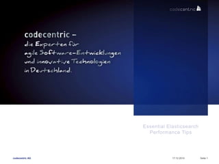 codecentric AG 17.12.2014 Seite 1
Essential Elasticsearch
Performance Tips
 