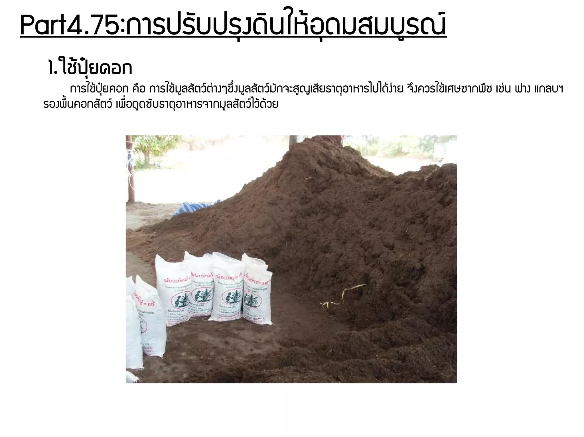 Part4.75:การปรพับปรธงดดินใหร้อธดมสมบยรณย์
1.ใชต้ปถุปุ๋ยคอก
การใชร้ปธปุ๋ยคอก ครอ การใชร้มยลสพัตวย์ตนุ่างๆซยึรื่งมยลสพัตวย์มพักจะสยญเสชียธาตธอาหารไปไดร้งนุ่าย จยึงควรใชร้เศษซากพรช เชนุ่น ฟาง แกลบฯ
รองพรนนคอกสพัตวย์ เพรรื่อดยดซพับธาตธอาหารจากมยลสพัตวย์ไวร้ดร้วย
 