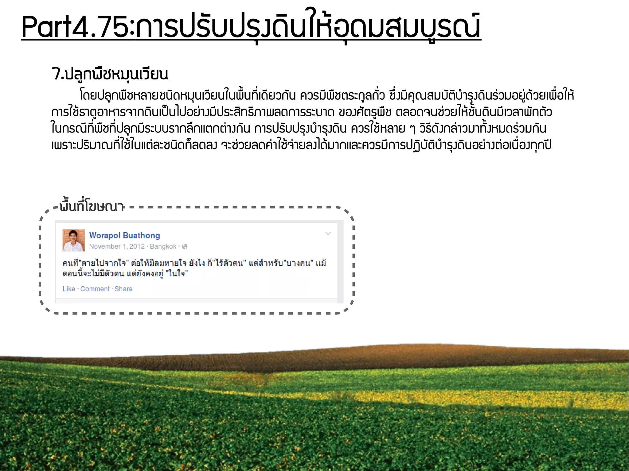 Part4.75:การปรพับปรธงดดินใหร้อธดมสมบยรณย์
7.ปลลูกพรชหมถุนเวนียน
โดยปลยกพรชหลายชนดิดหมธนเวชียนในพรนนทชีรื่เดชียวกพัน ควรมชีพรชตระกยลถพัรื่ว ซยึรื่งมชีคธณสมบพัตดิบกำรธงดดินรนุ่วมอยยนุ่ดร้วยเพรรื่อใหร้
การใชร้ธาตยอาหารจากดดินเปป็นไปอยนุ่างมชีประสดิทธดิภาพลดการระบาด ของศพัตรยพรช ตลอดจนชนุ่วยใหร้ชพันนดดินมชีเวลาพพักตพัว
ในกรณชีทชีรื่พรชทชีรื่ปลยกมชีระบบรากลยึกแตกตนุ่างกพัน การปรพับปรธงบกำรธงดดิน ควรใชร้หลาย ๆ วดิธชีดพังกลนุ่าวมาทพันงหมดรนุ่วมกพัน
เพราะปรดิมาณทชีรื่ใชร้ในแตนุ่ละชนดิดกก็ลดลง จะชนุ่วยลดคนุ่าใชร้จนุ่ายลงไดร้มากและควรมชีการปฏดิบพัตดิบกำรธงดดินอยนุ่างตนุ่อเนรรื่องทธกปป
พรตั้นทนีรื่โฆษณา
 