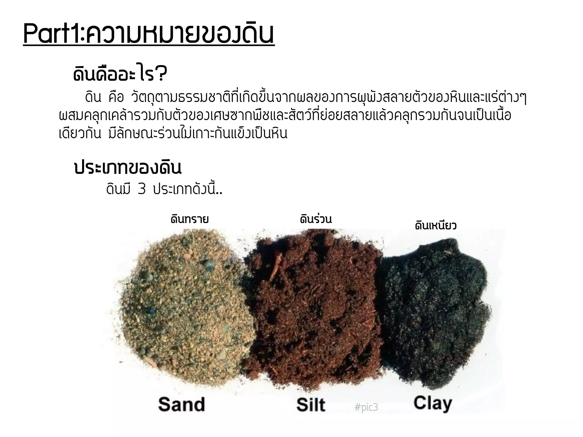 Part1:ความหมายของดดิน
ดดินครออะไร?
ดกิน คสอ วจัตถคุตามธรรมชาตกิททสื่เกกิดขขขึ้นจากผลของการผคุพจังสลายตจัวของหกินและแรส่ตส่างๆ
ผสมคลคุกเคลก้ารวมกจับตจัวของเศษซากพสชและสจัตวนททสื่ยส่อยสลายแลก้วคลคุกรวมกจันจนเปป็นเนสขึ้อ
เดทยวกจัน มทลจักษณะรส่วนไมส่เกาะกจันแขข็งเปป็นหกิน
ประเภทของดดิน
ดกินมท 3 ประเภทดจังนทขึ้..
ดดินทราย ดดินรร่วน ดดินเหนนียว
#pic3
 