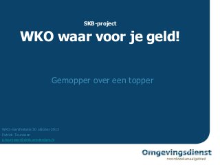 SKB-project

WKO waar voor je geld!
Gemopper over een topper

WKO-manifestatie 30 oktober 2013
Patrick Teunissen
p.teunissen@dmb.amsterdam.nl

 