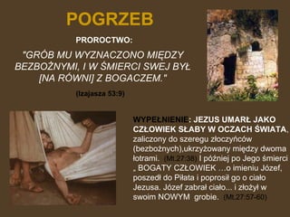 POGRZEB
PROROCTWO:

"GRÓB MU WYZNACZONO MIĘDZY
BEZBOŻNYMI, I W ŚMIERCI SWEJ BYŁ
[NA RÓWNI] Z BOGACZEM."
(Izajasza 53:9)

WYPEŁNIENIE: JEZUS UMARŁ JAKO
CZŁOWIEK SŁABY W OCZACH ŚWIATA,
zaliczony do szeregu złoczyńców
(bezbożnych),ukrzyżowany między dwoma
łotrami. (Mt.27:38) I później po Jego śmierci
„ BOGATY CZŁOWIEK …o imieniu Józef,
poszedł do Piłata i poprosił go o ciało
Jezusa. Józef zabrał ciało... i złożył w
swoim NOWYM grobie. (Mt.27:57-60)

 