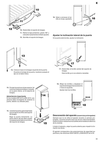 49
E
13.	 Colocar el eje en la bisagra izquierda de la puerta.
	 Durante el montaje de la puerta, mantener pulsado el
eje con el dedo índice.
14.	 Encajar la puerta en el eje superior, tal
comosemuestraenlafigura,ysituarla,
en la parte inferior, en el soporte de
bisagra.
Advertencia importante
En los modelosWKr 3212 yWKr 4212, una
persona debe encargarse de sostener la
puerta, debido a su elevado peso.
15.	 Levantarlapuertaygirarelejehasta
queencajeenelorificiodelsoporte
de bisagra.
	 Bajar la puerta lentamente. La
parte inferior del eje debe quedar
completamente fijado en el orificio
del soporte de bisagra.
16.	Volver a enroscar el tor-
nillo en el eje y apretarlo.
10.	 Destornillar el soporte de bisagra.
11.	 Retirar la tapa protectora, girarla 180° y
colocarlanuevamenteenelladoopuesto.
12.	 Atornillar el soporte de bisagra.
Desconexión del aparato (ausencias prolongadas)
Siempre que no se utilice el aparato durante un período pro-
longado, conviene ponerlo fuera de servicio desconectándolo.
Desenchufarloodesactivarlosfusiblesdelainstalacióneléctrica
de la vivienda.
Limpiar el aparato y dejar la puerta abierta para impedir la for-
mación de olores.
El aparato corresponde a las prescripciones de seguridad es-
pecíficas y las directivas 2004/108/CE y 2006/95/CE de la CE.
13
16
14
15
10
12
11
18
17
Ajustar la inclinación lateral de la puerta
Si la puerta está torcida, ajustar la inclinación.
17.	 Destornillar el tornillo central del soporte de
bisagra.
	 Este tornillo ya no se volverá a necesitar.
18.	 Aflojar los tornillos y desplazar el
soportedebisagrahacialaderecha
o hacia la izquierda.
	 Apretar bien los tornillos.
 