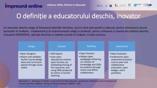 Design
•Open Designer:
•Shares and validates
his/her course design
ideas and curriculum
openly through social
media.
Content
•OER Expert:
•Uses open
educational content,
open licenses, by
facilitating sharing of
her resources, and
using OERs produced
by others in his/her
teaching.
Teaching
•Open Teacher:
•Adopts open
pedagogies fostering
co-creation of
knowledge and OERs
by students through
online and offline
collaboration.
Assessment
•Open Evaluator:
•Implements open
assessment practices
such as peer and
collaborative
evaluation, open
badges, and e-
portfolios.
Nascimbeni, F., & Burgos, D. (2016). In search for the Open Educator: proposal of a definition and a framework to
increase openness adoption among university educators. IRRODL, 17(6).
irrodl.org/index.php/irrodl/article/view/2736
O definiție a educatorului deschis, inovator
Un educator deschis alege să folosească abordări deschise, atunci când este posibil și adecvat, pentru eliminarea tuturor
barierelor în învățare. Colaborează și își impulsionează colegii și studenții, pentru utilizarea și crearea de conținut deschis,
incluzând OER/MOOC, aplicații deschise și rețelele sociale în învățare, învață continuu.
 