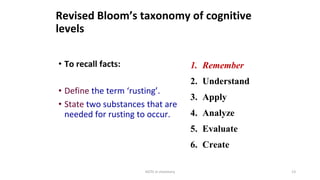 HOTS in chemistry 13
Revised Bloom’s taxonomy of cognitive
levels
• To recall facts:
• Define the term ‘rusting’.
• State two substances that are
needed for rusting to occur.
1. Remember
2. Understand
3. Apply
4. Analyze
5. Evaluate
6. Create
 