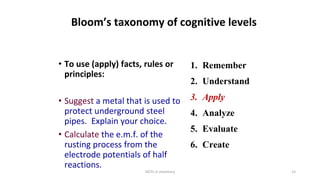 HOTS in chemistry 15
Bloom’s taxonomy of cognitive levels
• To use (apply) facts, rules or
principles:
• Suggest a metal that is used to
protect underground steel
pipes. Explain your choice.
• Calculate the e.m.f. of the
rusting process from the
electrode potentials of half
reactions.
1. Remember
2. Understand
3. Apply
4. Analyze
5. Evaluate
6. Create
 