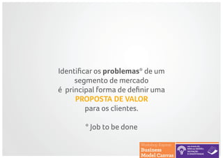 Identificar os problemas* de um
segmento de mercado
é principal forma de definir uma
PROPOSTA DE VALOR
para os clientes.
* Job to be done
 