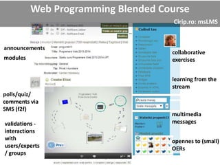announcements
modules
collaborative
exercises
learning from the
stream
multimedia
messages
opennes to (small)
OERs
polls/quiz/
comments via
SMS (f2f)
validations -
interactions
with
users/experts
/ groups
Web Programming Blended Course
Cirip.ro: msLMS
 