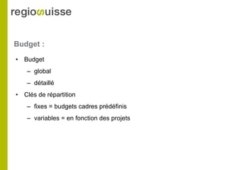 Budget :  Budget  global détaillé Clés de répartition fixes = budgets cadres prédéfinis variables = en fonction des projets 