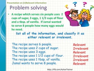 Problem solving
• A recipe which serves six people uses 2
cups of sugar, 3 eggs, 1 1/2 cups of flour
and a tbsp. of vanilla. If Jamal wanted
to serve 8 people how many eggs would
he need.
http://FB.com/AzharTrainer
Presentation on (ir)Relevant information
The recipe serves 6 people.
The recipe uses 2 cups of sugar.
The recipe uses 3 eggs.
The recipe uses 1 1/2 cups of flour.
The recipe uses 1 tbsp. of vanilla.
Jamal wants to serve 8 people.
Relevant
Irrelevant
Relevant
Irrelevant
Irrelevant
Relevant
list all of the information, and classify it as
either relevant or irrelevant.
 