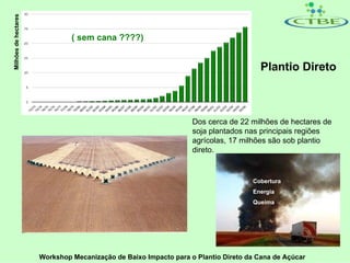 Milhões de hectares


                               ( sem cana ????)


                                                                                      Plantio Direto



                                                                  Dos cerca de 22 milhões de hectares de
                                                                  soja plantados nas principais regiões
                                                                  agrícolas, 17 milhões são sob plantio
                                                                  direto.


                                                                                   Cobertura
                                                                                   Energia
                                                                                   Queima




                      Workshop Mecanização de Baixo Impacto para o Plantio Direto da Cana de Açúcar
 