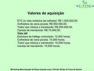 Valores de aquisição
       ETC (c/ dois módulos de colheita): R$ 1.300.000,00.
       Colhedora de cana picada: R$ 850.000,00.
       Trator que reboca o transbordo: R$ 200.000,00.
       Carreta de transbordo: R$ 75.000,00.
       Vida útil
       Estrutura de tráfego controlado: 15.000 horas.
       Colhedora de cana picada: 15.000 horas.
       Trator que reboca o transbordo: 15.000 horas.
       Carreta de transbordo: 10.000 horas.




Workshop Mecanização de Baixo Impacto para o Plantio Direto da Cana de Açúcar
 