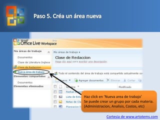 Paso 5. Créa un áreanuevaHaz click en ‘Nueva area de trabajo’Se puede crear un grupo por cada materia.(Administracion, Analisis, Costos, etc)Cortesia de www.artotems.com
