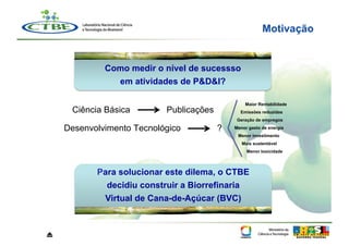 Motivação


             Como medir o nível de sucessso
                em atividades de P&D&I?

                                                 Maior Rentabilidade
     Ciência Básica        Publicações         Emissões reduzidas
                                              Geração de empregos

    Desenvolvimento Tecnológico          ?   Menor gasto de energia
                                              Menor investimento
                                                Mais sustentável
                                                  Menor toxicidade




           Para solucionar este dilema, o CTBE
             decidiu construir a Biorrefinaria
            Virtual de Cana-de-Açúcar (BVC)



⏏
 