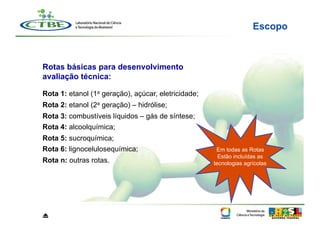 Escopo



Rotas básicas para desenvolvimento
avaliação técnica:

Rota 1: etanol (1a geração), açúcar, eletricidade;
Rota 2: etanol (2a geração) – hidrólise;
Rota 3: combustíveis líquidos – gás de síntese;
Rota 4: alcoolquímica;
Rota 5: sucroquímica;
Rota 6: lignocelulosequímica;                         Em todas as Rotas
                                                       Estão incluídas as
Rota n: outras rotas.                                tecnologias agrícolas




⏏
 