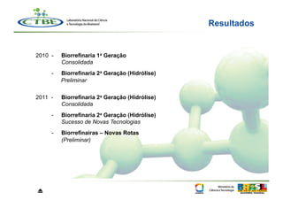 Resultados


2010  -   Biorrefinaria 1a Geração
          Consolidada
      -   Biorrefinaria 2a Geração (Hidrólise)
          Preliminar


2011  -   Biorrefinaria 2a Geração (Hidrólise)
          Consolidada
      -   Biorrefinaria 2a Geração (Hidrólise)
          Sucesso de Novas Tecnologias
      -   Biorrefinairas – Novas Rotas
          (Preliminar)




⏏
 