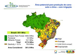 Área potencial para produção de cana:
                                          solo e clima – com irrigação




   Brazil: 851 Mha
Amazon Rain Forest: 400.0 Mha
Pantanal              3.5 Mha                          High
Atlhantic Forest     14.1 Mha
           Total    417.6 Mha                          Average
Declivity > 12 %     75.6 Mha                          Low (World average)
                                                       Inapropriate
Area Considered    361.6 Mha
 