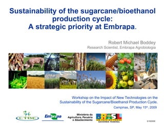 Sustainability of the sugarcane/bioethanol
             production cycle:
     A strategic priority at Embrapa.

                                                                                                     Robert Michael Boddey
                                                         Research Scientist, Embrapa Agrobiologia




                          http://johnbokma.com/mexit/2006/12/17/sugarcane-against-the-blue-sky.jpg




                     Workshop on the Impact of New Technologies on the
              Sustainability of the Sugarcane/Bioethanol Production Cycle.
                                                                                                       Campinas, SP, May 15th, 2009



                                                                                                                            5/18/2009
 